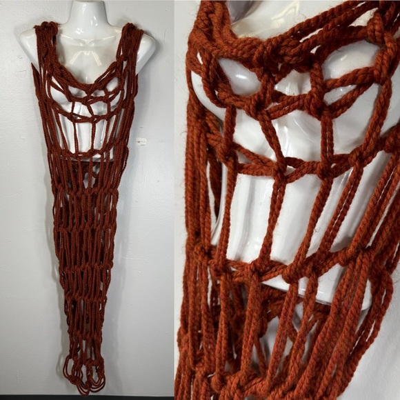 custom hand knit knotted rust red net dress sleeveless scoop neck high low artsy - Picture 1 of 15